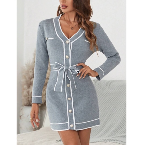 Grey Knit Belted Dress Long Sleeve, Button Through Contrast White Piping Trim - Picture 6 of 7